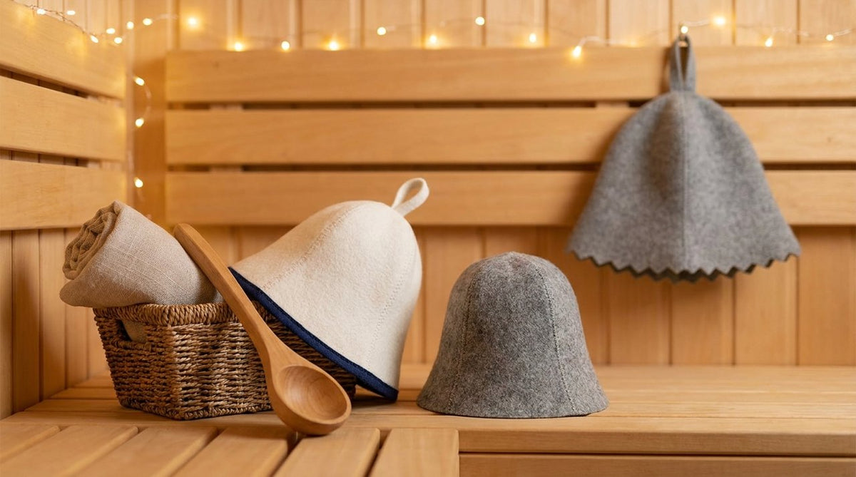 Sauna gift basket with wool sauna hat, linen towel and wooden ladle on a wooden bench, soft festive light