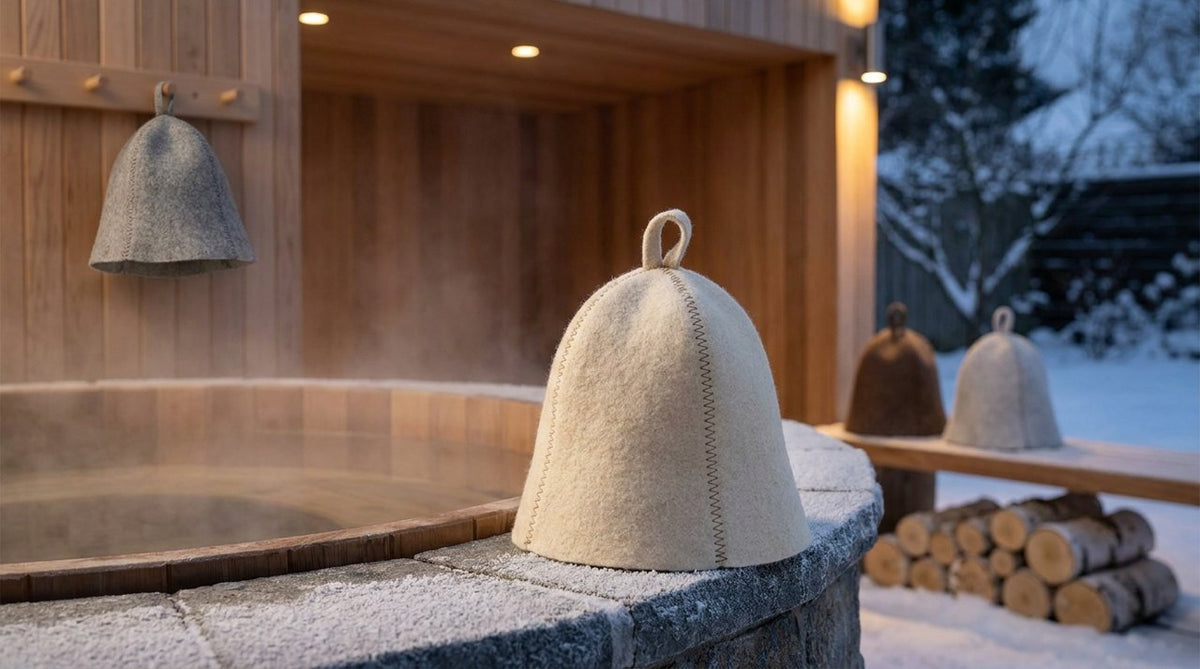 Steaming outdoor hot tub in snowy garden at dusk with wool felt hat resting on the edge, cozy (sauna)
