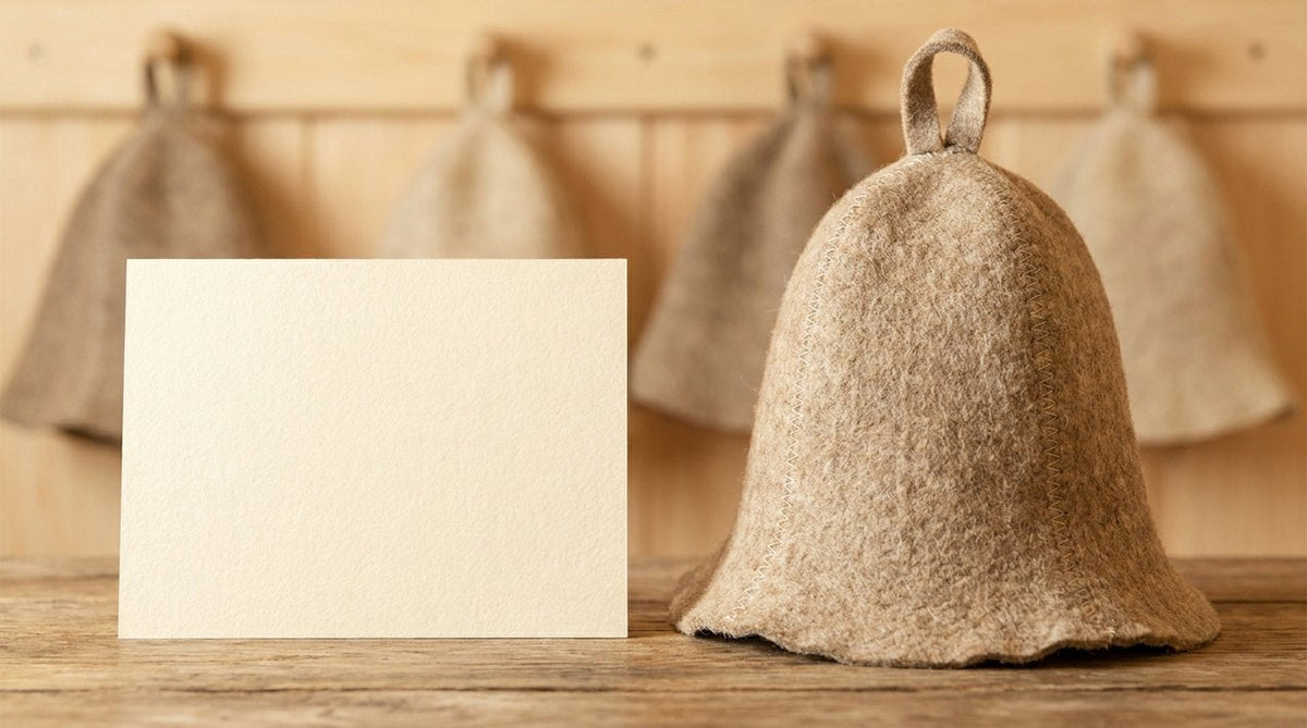 Calendar page and wool sauna hat on rustic wooden table, routine concept