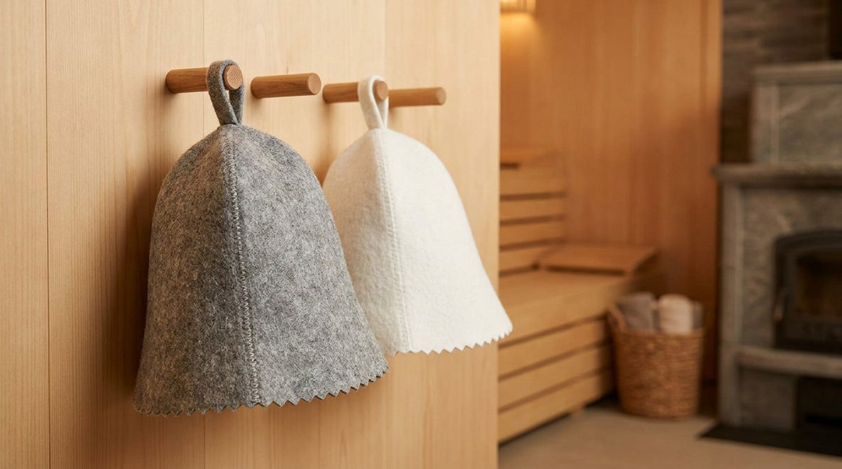 Two wool felt sauna hats grey and white hanging side by side on wooden hooks in sauna anteroom