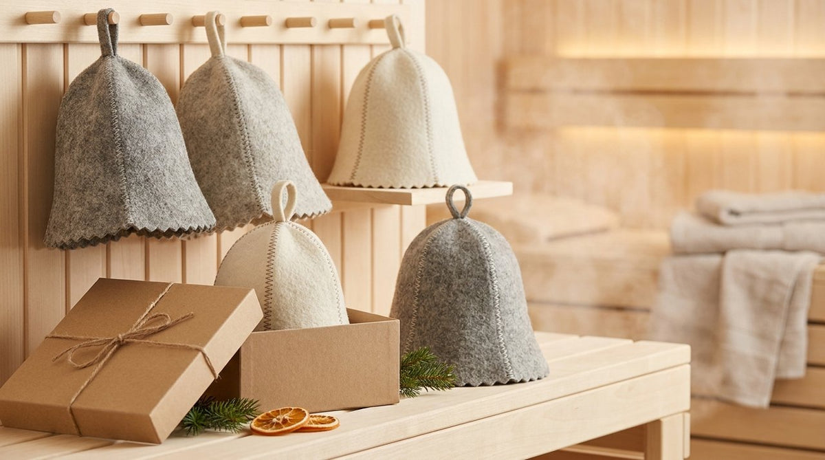 Wool sauna hat in kraft gift box with ribbon and dried orange slices, cozy gift aesthetic