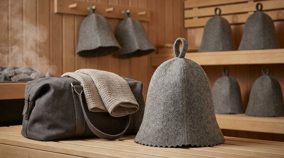 Gym bag with towel and grey wool sauna hat on bench, athletic aesthetic