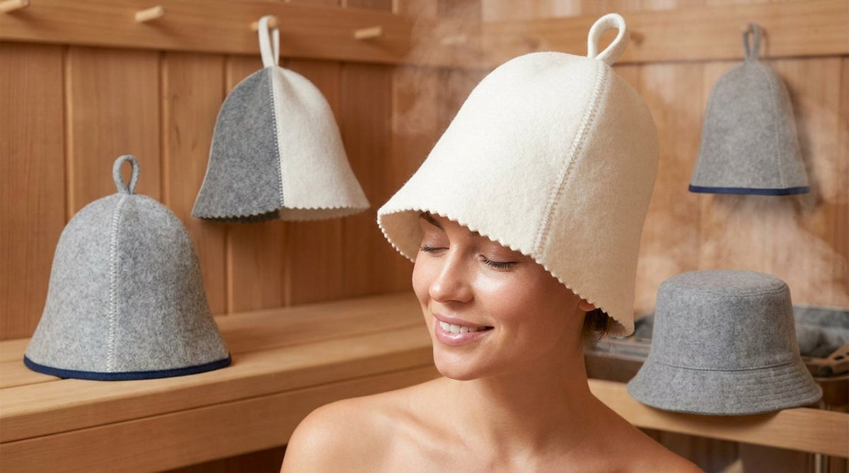Woman relaxing in a sauna wearing a white wool felt sauna hat, with more wool sauna hats on the wall