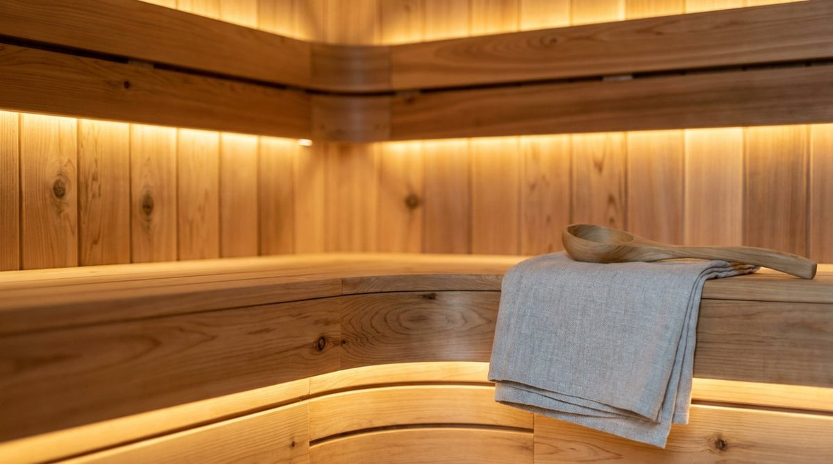 Close-up of beautiful sauna wood paneling and bench joinery, cedar grain texture