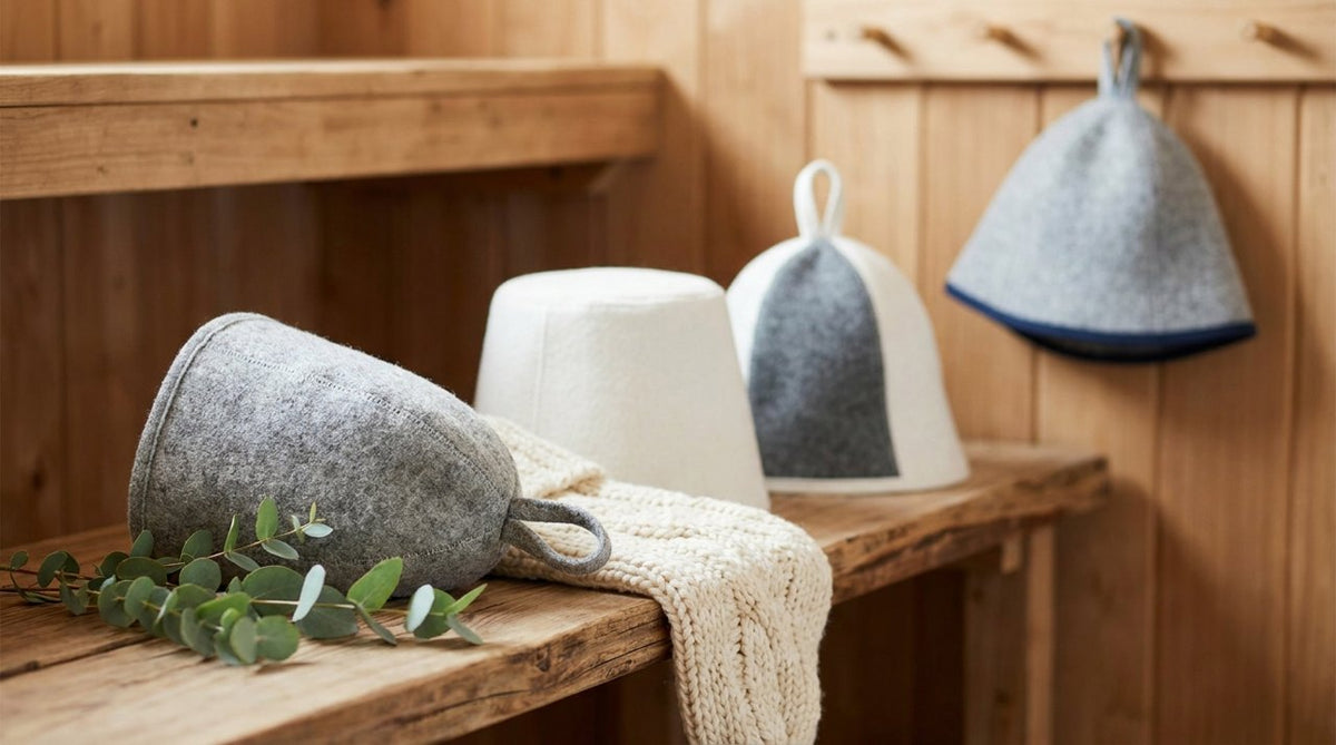 Small wool sauna hat rolled next to a knit Christmas stocking and eucalyptus sprig on wood