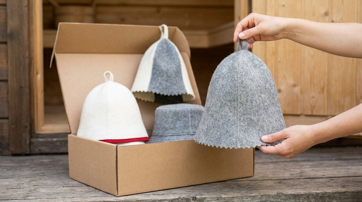 Wool felt sauna hat in an open shipping box on a doorstep, unboxing scene, natural daylight