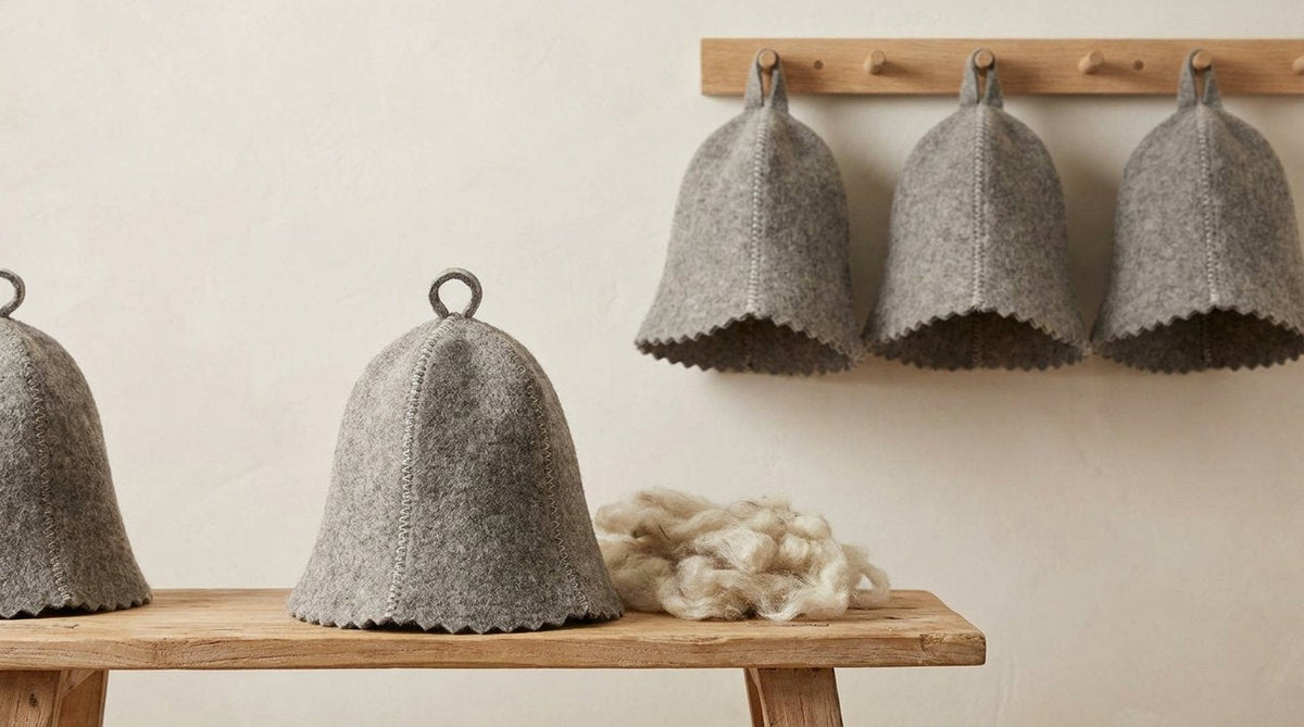 Raw natural wool fibers next to finished grey felt sauna hat on rustic wood, craft atmosphere