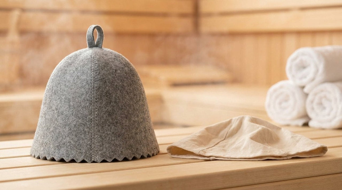 Grey wool felt hat next to limp cotton cap on sauna bench comparison