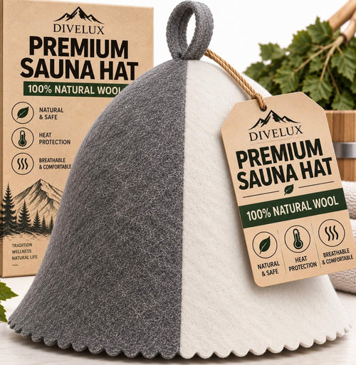 White-grey 100% wool felt sauna hat, classic bell shape with a loop on top, DIVELUX